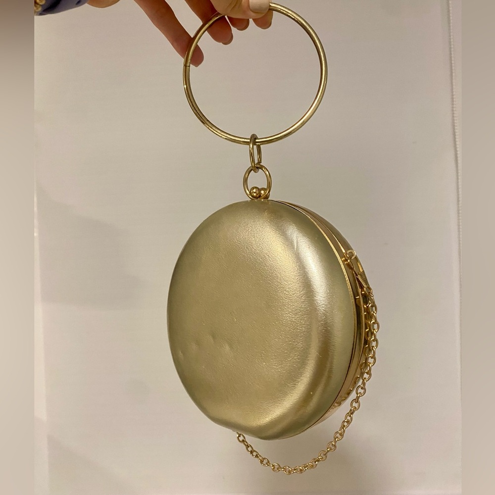 Gold Metallic Round Clutch Purse | Ring Handle & Chain Strap